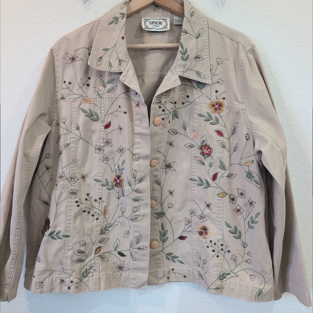 Tantrums Womens XXL Tan Cotton Floral Embroidered Jacket Boho Cottagecore Granny - Picture 2 of 8